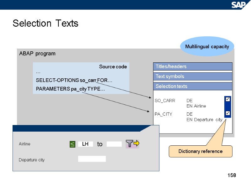 158 Selection Texts ABAP program Multilingual capacity Titles/headers Text symbols Selection texts SO_CARR DE